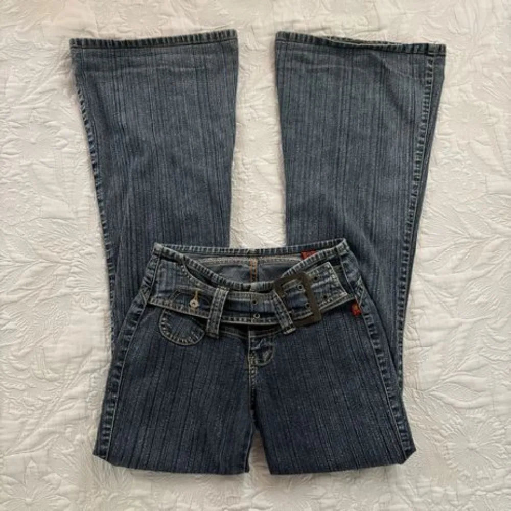 Y2K Vintage Low Rise Flare Jeans Women Harajuku Fashion Pockets Buckle Belt Blue Denim Pants Gothic Hot Girl Slim Fit Trousers