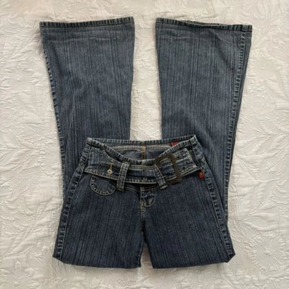 Y2K Vintage Low Rise Flare Jeans Women Harajuku Fashion Pockets Buckle Belt Blue Denim Pants Gothic Hot Girl Slim Fit Trousers