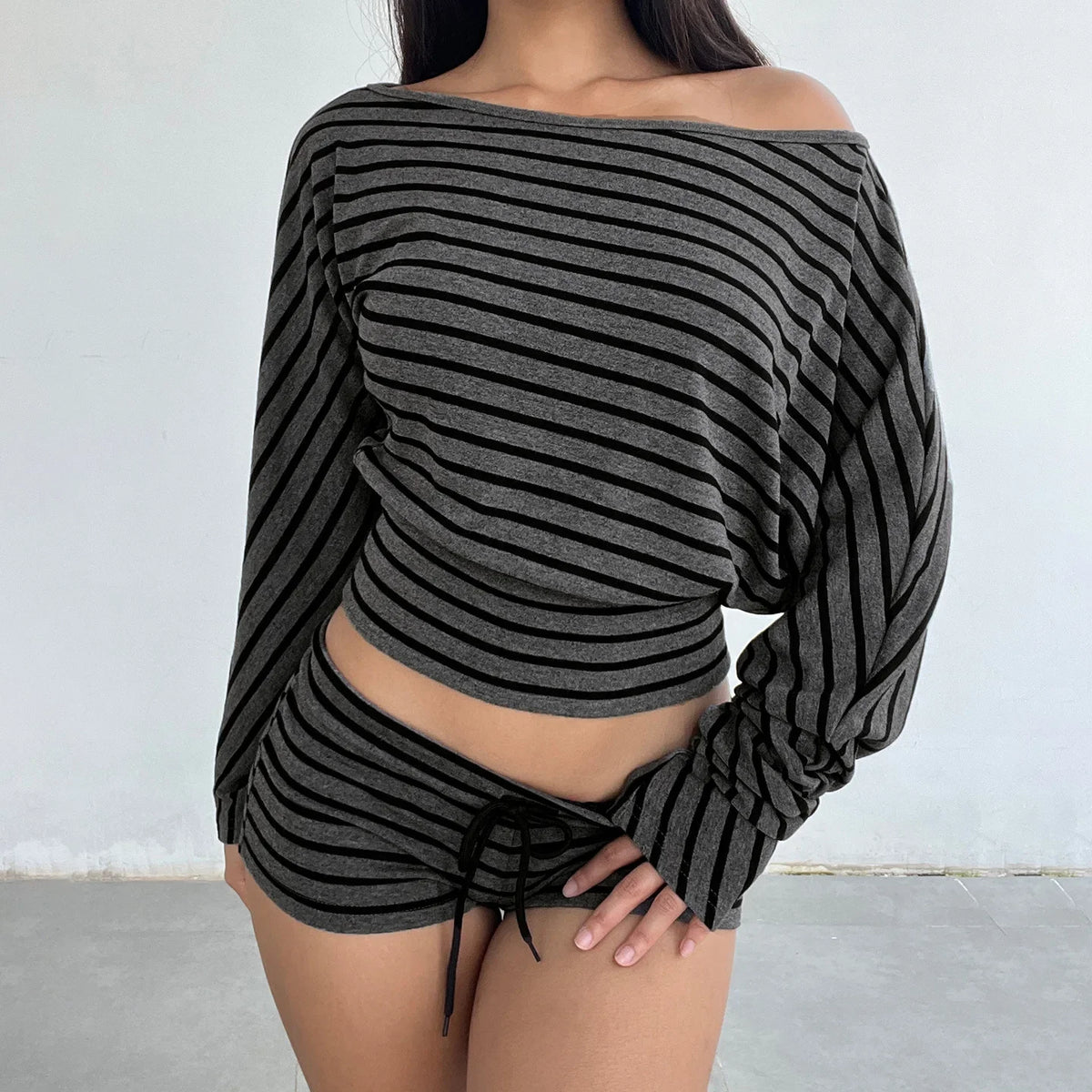 Women Summer 2 Piece Outfits Fall Stylish Long Sleeve Off Shoulder Striped Crop Tops and Elastic Waist Shorts Set Y2k Clothes