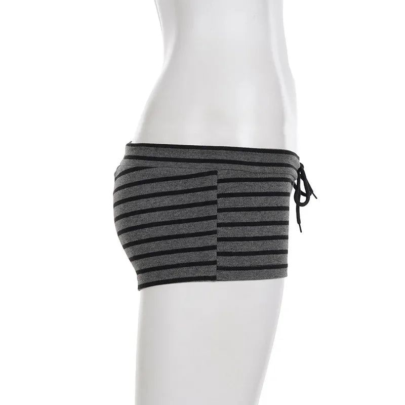 Women Summer 2 Piece Outfits Fall Stylish Long Sleeve Off Shoulder Striped Crop Tops and Elastic Waist Shorts Set Y2k Clothes