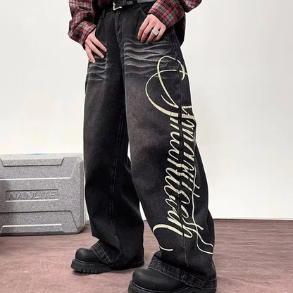 Autumn Men's Letter Printed Straight-Leg Baggy Jeans Hip Hop Fashion Washed Denim Pantalones American Retro Y2K Streetwear Jean