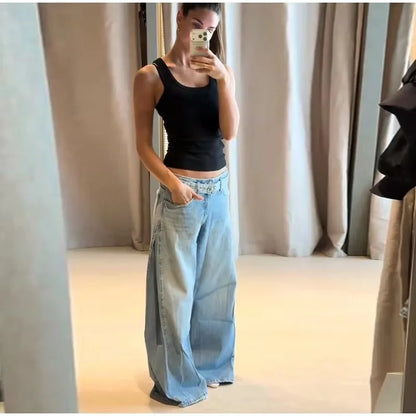 Y2K Trend Women's Blue Wide Leg Jeans 2026 Summer New Loose Casual High Waist Denim Trousers with Belt Jeans