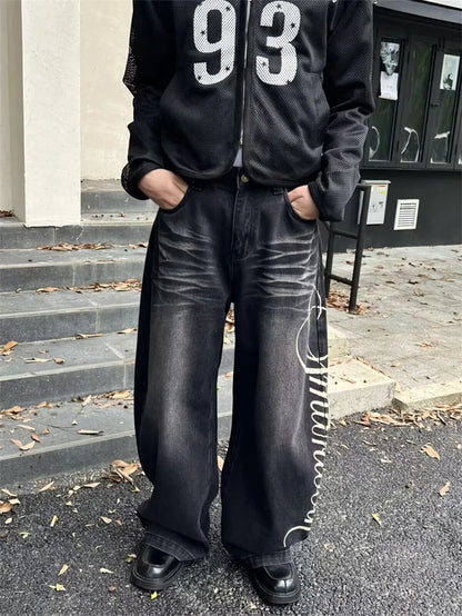 Autumn Men's Letter Printed Straight-Leg Baggy Jeans Hip Hop Fashion Washed Denim Pantalones American Retro Y2K Streetwear Jean