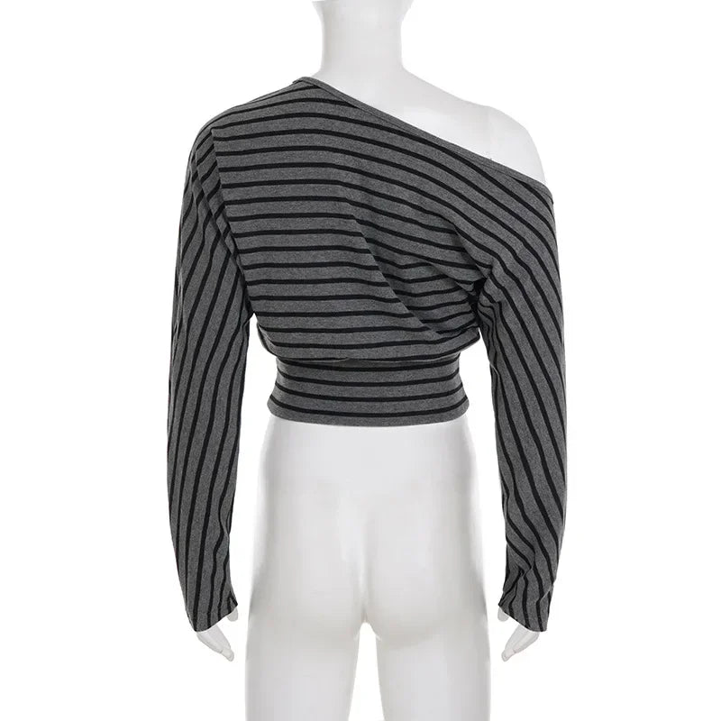 Women Summer 2 Piece Outfits Fall Stylish Long Sleeve Off Shoulder Striped Crop Tops and Elastic Waist Shorts Set Y2k Clothes