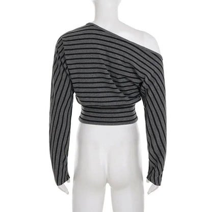 Women Summer 2 Piece Outfits Fall Stylish Long Sleeve Off Shoulder Striped Crop Tops and Elastic Waist Shorts Set Y2k Clothes