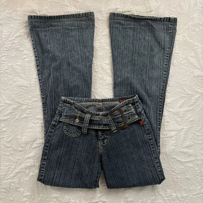 Y2K Vintage Low Rise Flare Jeans Women Harajuku Fashion Pockets Buckle Belt Blue Denim Pants Gothic Hot Girl Slim Fit Trousers