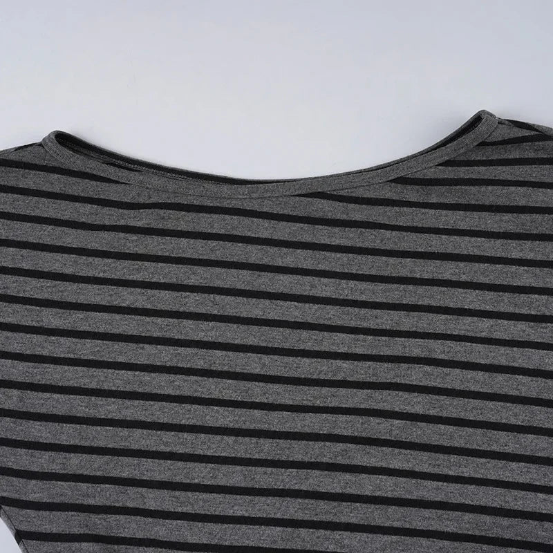 Women Summer 2 Piece Outfits Fall Stylish Long Sleeve Off Shoulder Striped Crop Tops and Elastic Waist Shorts Set Y2k Clothes