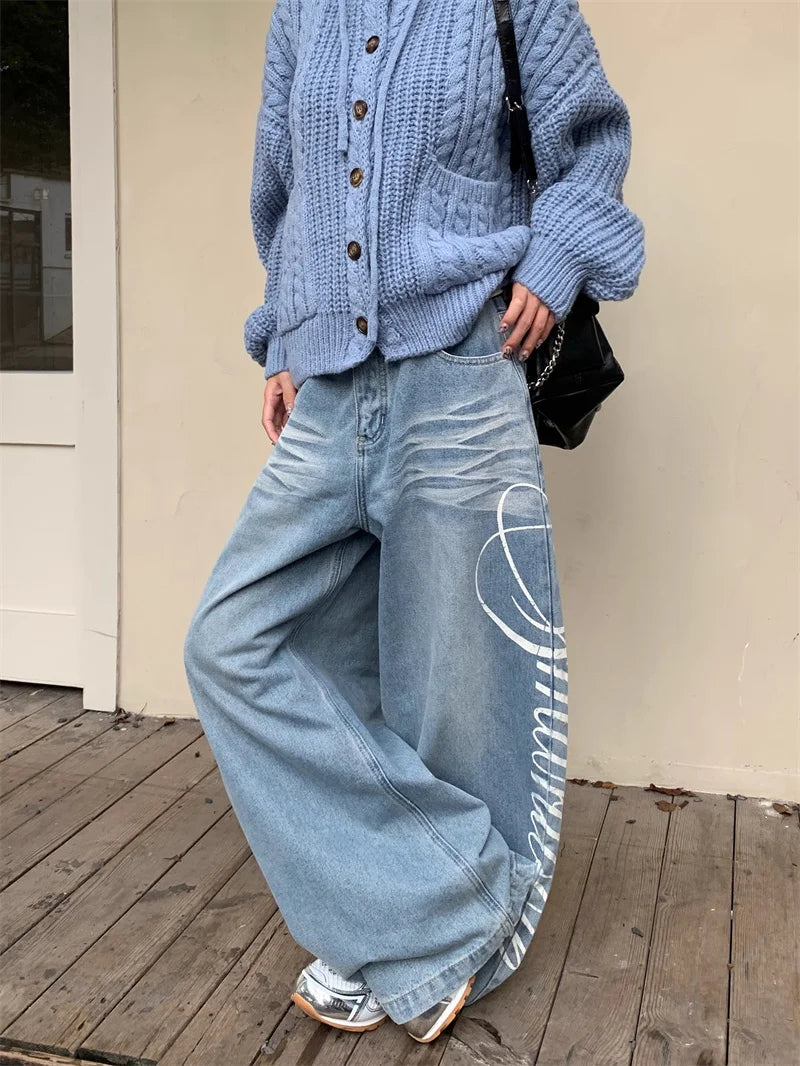 Autumn Men's Letter Printed Straight-Leg Baggy Jeans Hip Hop Fashion Washed Denim Pantalones American Retro Y2K Streetwear Jean