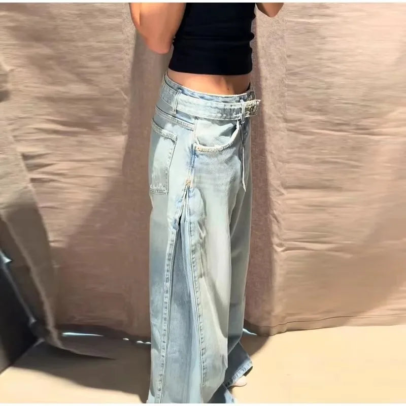Y2K Trend Women's Blue Wide Leg Jeans 2026 Summer New Loose Casual High Waist Denim Trousers with Belt Jeans