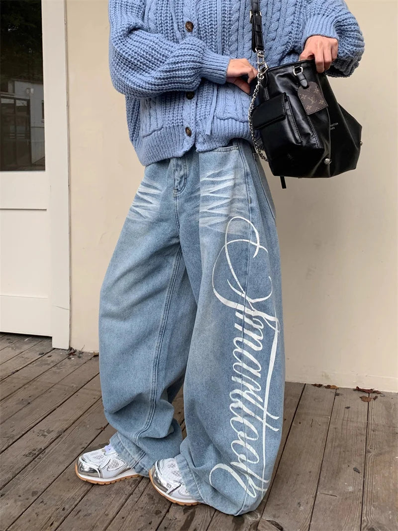 Autumn Men's Letter Printed Straight-Leg Baggy Jeans Hip Hop Fashion Washed Denim Pantalones American Retro Y2K Streetwear Jean