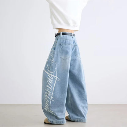 Autumn Men's Letter Printed Straight-Leg Baggy Jeans Hip Hop Fashion Washed Denim Pantalones American Retro Y2K Streetwear Jean