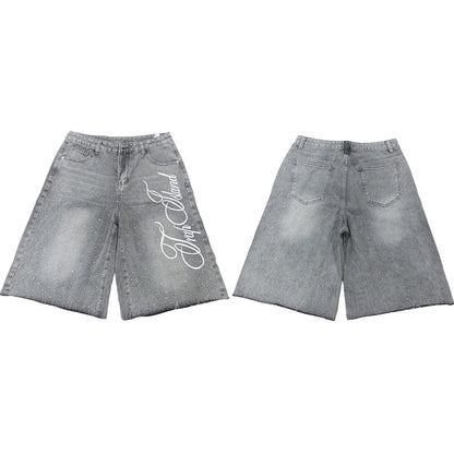 Combhasaki Men Summer Casual Denim Shorts Knee Length Trendy Letter Embroidered Shiny Rhinestone Decor Jeans Shorts with Pockets