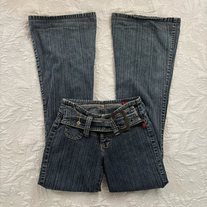 Y2K Vintage Low Rise Flare Jeans Women Harajuku Fashion Pockets Buckle Belt Blue Denim Pants Gothic Hot Girl Slim Fit Trousers