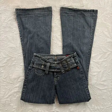 Y2K Vintage Low Rise Flare Jeans Women Harajuku Fashion Pockets Buckle Belt Blue Denim Pants Gothic Hot Girl Slim Fit Trousers
