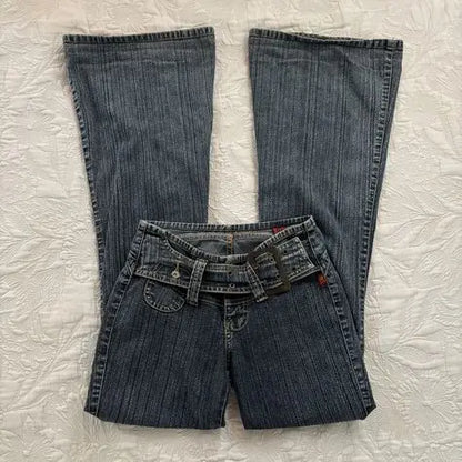 Y2K Vintage Low Rise Flare Jeans Women Harajuku Fashion Pockets Buckle Belt Blue Denim Pants Gothic Hot Girl Slim Fit Trousers