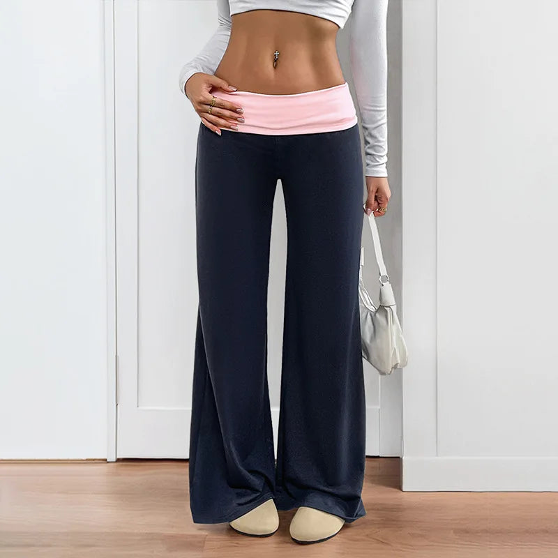 MsChuh Women's Fold Over Waist High Waist Wide Leg Yoga Pants Soft Trousers Slimming Versatile Commuter Fashion Chic Long Pants