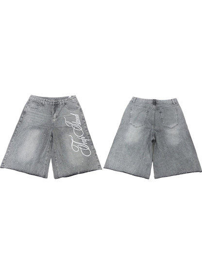 Combhasaki Men Summer Casual Denim Shorts Knee Length Trendy Letter Embroidered Shiny Rhinestone Decor Jeans Shorts with Pockets