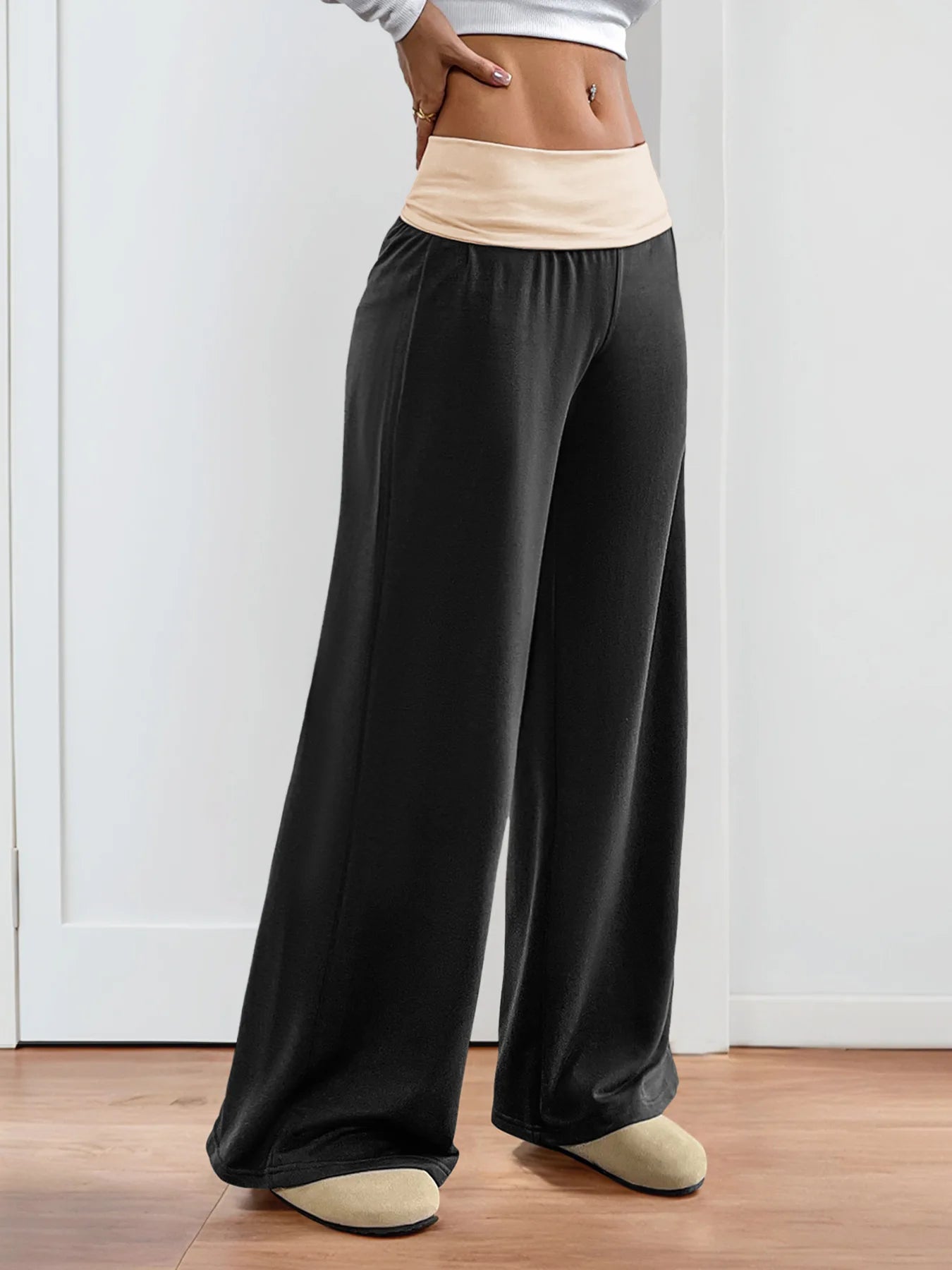 MsChuh Women's Fold Over Waist High Waist Wide Leg Yoga Pants Soft Trousers Slimming Versatile Commuter Fashion Chic Long Pants