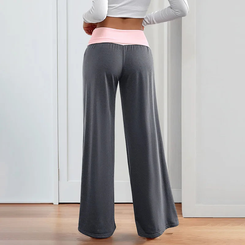 MsChuh Women's Fold Over Waist High Waist Wide Leg Yoga Pants Soft Trousers Slimming Versatile Commuter Fashion Chic Long Pants