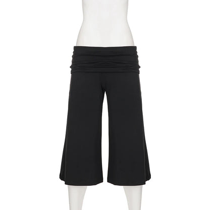 SUCHCUTE Women Fold Over Low Waist Knit Capri Pants Wide Leg Cropped Culottes Loose Flowy 7/8 Trousers Y2K Casual Streetwear New
