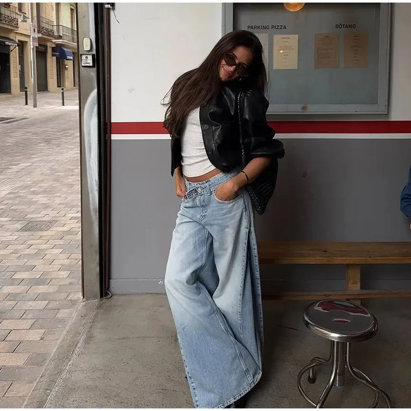 Y2K Trend Women's Blue Wide Leg Jeans 2026 Summer New Loose Casual High Waist Denim Trousers with Belt Jeans