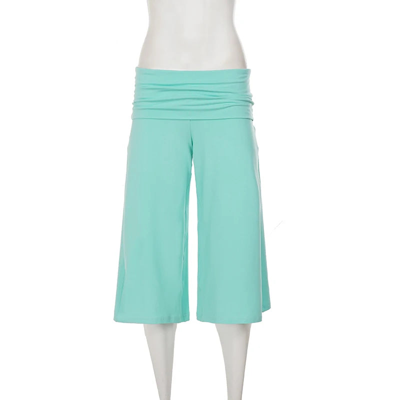 SUCHCUTE Women Fold Over Low Waist Knit Capri Pants Wide Leg Cropped Culottes Loose Flowy 7/8 Trousers Y2K Casual Streetwear New
