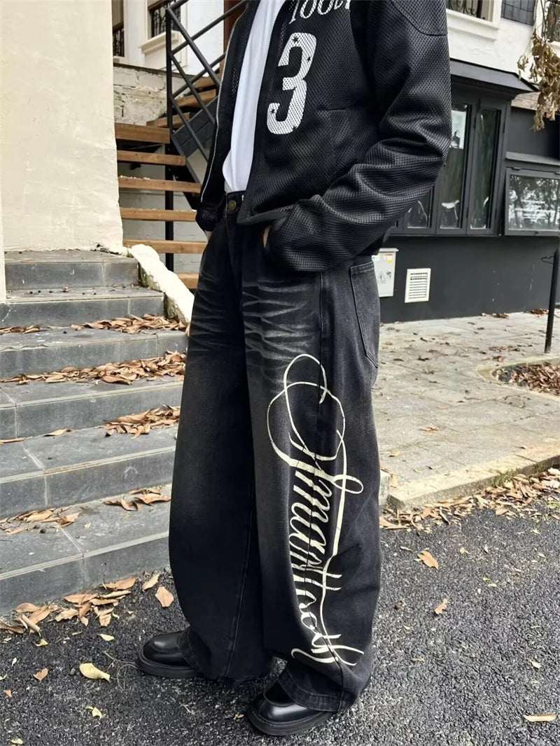 Autumn Men's Letter Printed Straight-Leg Baggy Jeans Hip Hop Fashion Washed Denim Pantalones American Retro Y2K Streetwear Jean