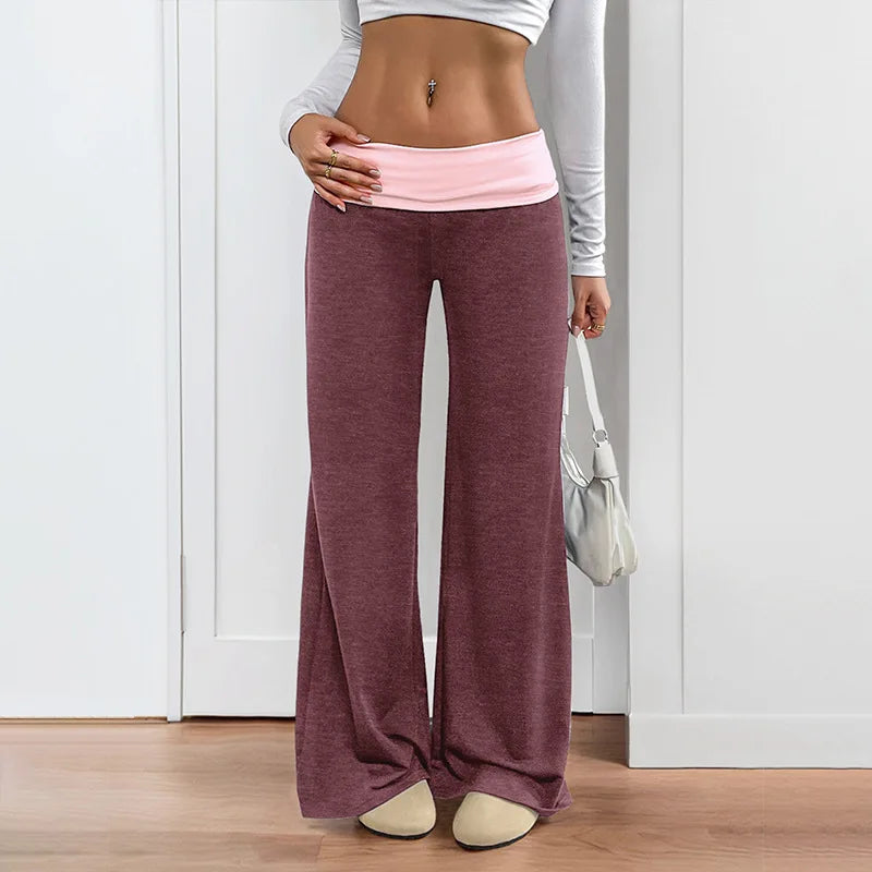 MsChuh Women's Fold Over Waist High Waist Wide Leg Yoga Pants Soft Trousers Slimming Versatile Commuter Fashion Chic Long Pants