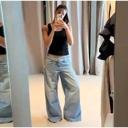Y2K Trend Women's Blue Wide Leg Jeans 2026 Summer New Loose Casual High Waist Denim Trousers with Belt Jeans