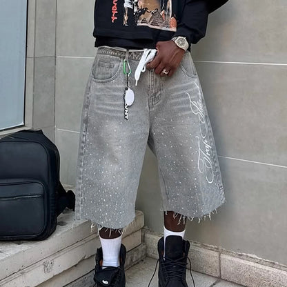 Combhasaki Men Summer Casual Denim Shorts Knee Length Trendy Letter Embroidered Shiny Rhinestone Decor Jeans Shorts with Pockets