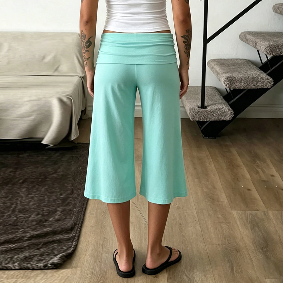 SUCHCUTE Women Fold Over Low Waist Knit Capri Pants Wide Leg Cropped Culottes Loose Flowy 7/8 Trousers Y2K Casual Streetwear New