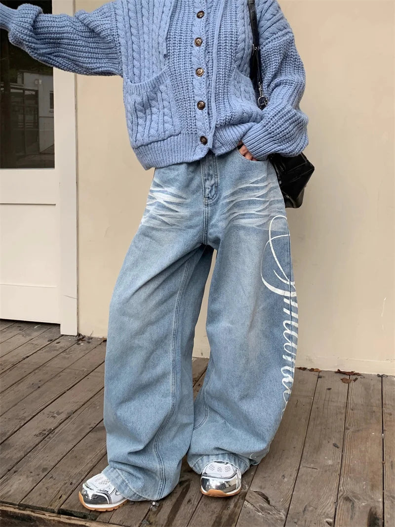 Autumn Men's Letter Printed Straight-Leg Baggy Jeans Hip Hop Fashion Washed Denim Pantalones American Retro Y2K Streetwear Jean