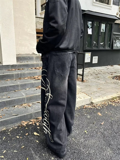 Autumn Men's Letter Printed Straight-Leg Baggy Jeans Hip Hop Fashion Washed Denim Pantalones American Retro Y2K Streetwear Jean