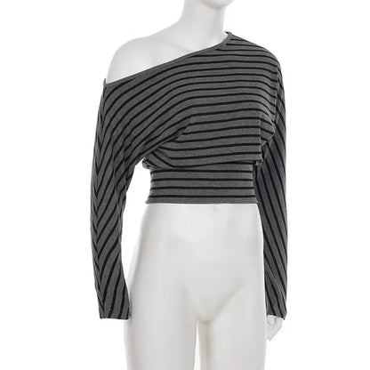 Women Summer 2 Piece Outfits Fall Stylish Long Sleeve Off Shoulder Striped Crop Tops and Elastic Waist Shorts Set Y2k Clothes