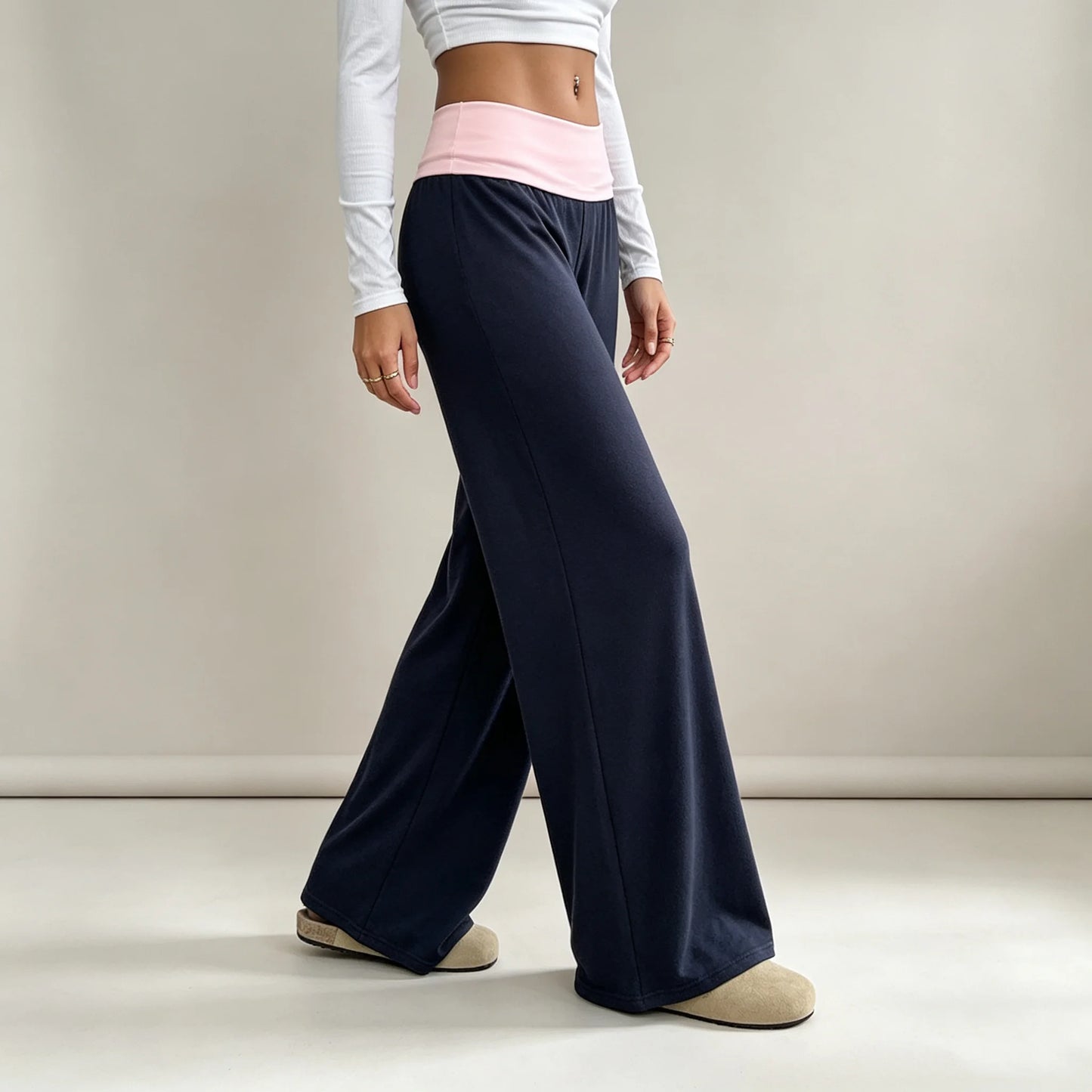 MsChuh Women's Fold Over Waist High Waist Wide Leg Yoga Pants Soft Trousers Slimming Versatile Commuter Fashion Chic Long Pants