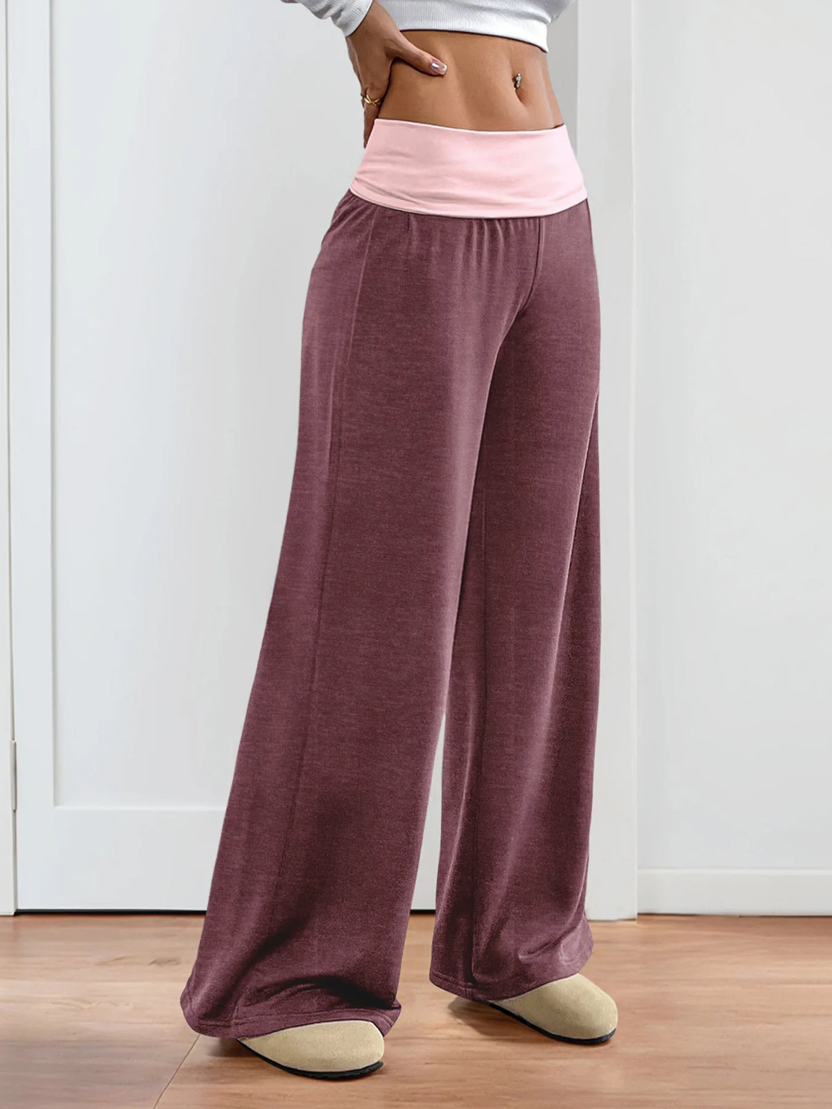 MsChuh Women's Fold Over Waist High Waist Wide Leg Yoga Pants Soft Trousers Slimming Versatile Commuter Fashion Chic Long Pants