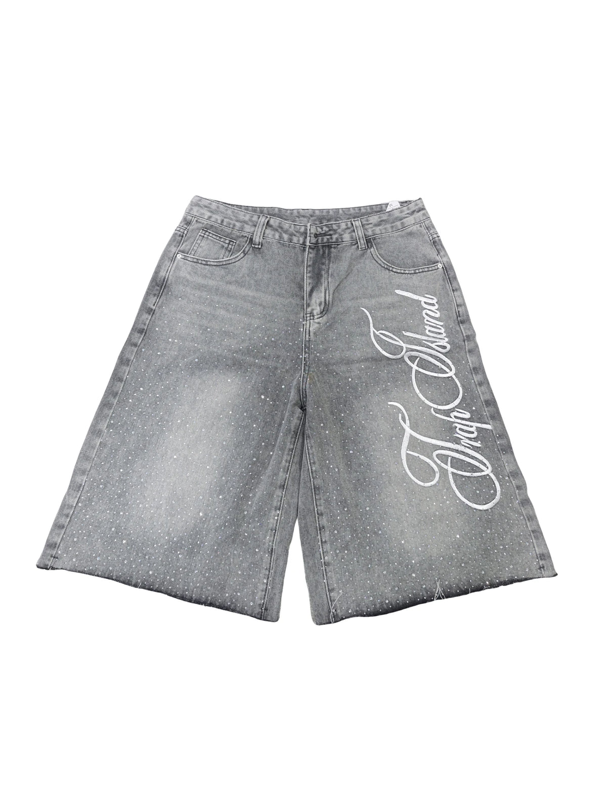 Combhasaki Men Summer Casual Denim Shorts Knee Length Trendy Letter Embroidered Shiny Rhinestone Decor Jeans Shorts with Pockets
