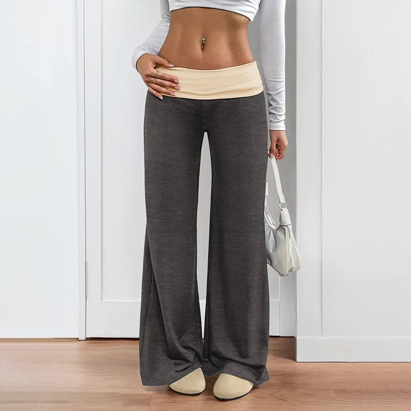 MsChuh Women's Fold Over Waist High Waist Wide Leg Yoga Pants Soft Trousers Slimming Versatile Commuter Fashion Chic Long Pants