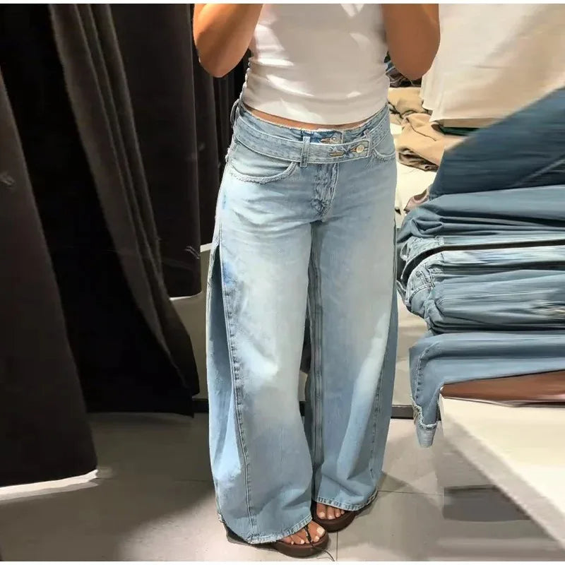 Y2K Trend Women's Blue Wide Leg Jeans 2026 Summer New Loose Casual High Waist Denim Trousers with Belt Jeans