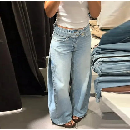 Y2K Trend Women's Blue Wide Leg Jeans 2026 Summer New Loose Casual High Waist Denim Trousers with Belt Jeans