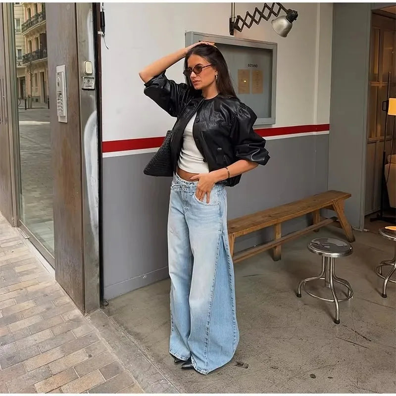 Y2K Trend Women's Blue Wide Leg Jeans 2026 Summer New Loose Casual High Waist Denim Trousers with Belt Jeans