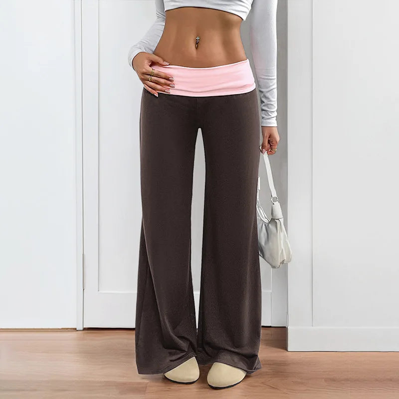 MsChuh Women's Fold Over Waist High Waist Wide Leg Yoga Pants Soft Trousers Slimming Versatile Commuter Fashion Chic Long Pants