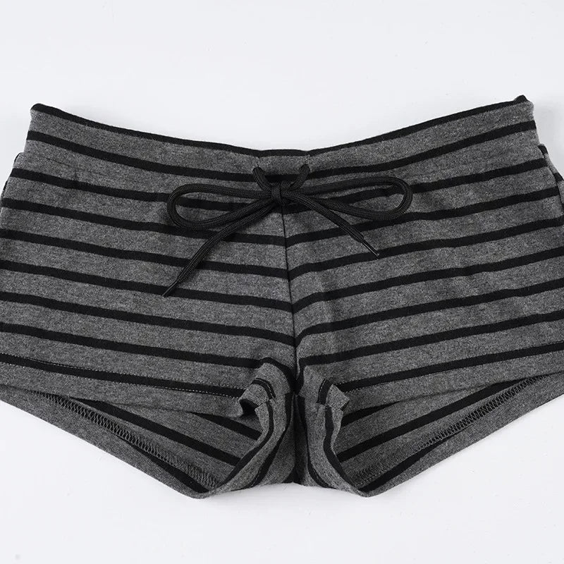 Women Summer 2 Piece Outfits Fall Stylish Long Sleeve Off Shoulder Striped Crop Tops and Elastic Waist Shorts Set Y2k Clothes