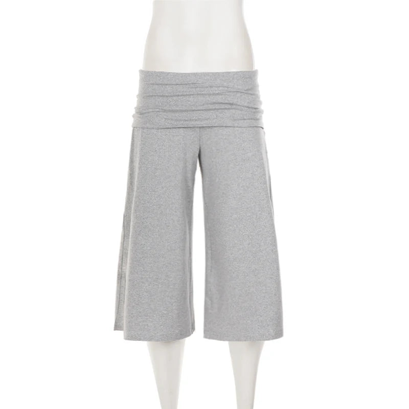 SUCHCUTE Women Fold Over Low Waist Knit Capri Pants Wide Leg Cropped Culottes Loose Flowy 7/8 Trousers Y2K Casual Streetwear New