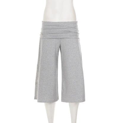 SUCHCUTE Women Fold Over Low Waist Knit Capri Pants Wide Leg Cropped Culottes Loose Flowy 7/8 Trousers Y2K Casual Streetwear New