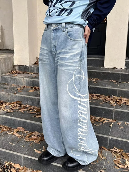 Autumn Men's Letter Printed Straight-Leg Baggy Jeans Hip Hop Fashion Washed Denim Pantalones American Retro Y2K Streetwear Jean