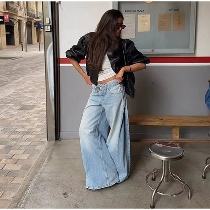 Y2K Trend Women's Blue Wide Leg Jeans 2026 Summer New Loose Casual High Waist Denim Trousers with Belt Jeans