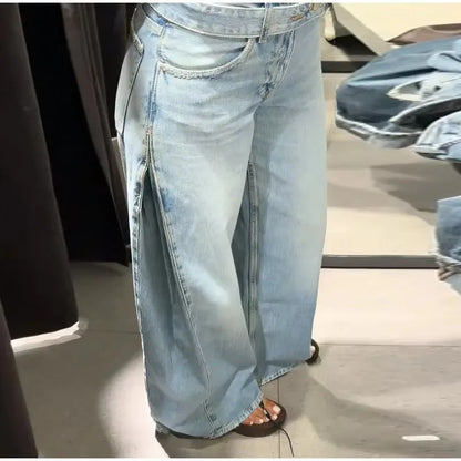 Y2K Trend Women's Blue Wide Leg Jeans 2026 Summer New Loose Casual High Waist Denim Trousers with Belt Jeans
