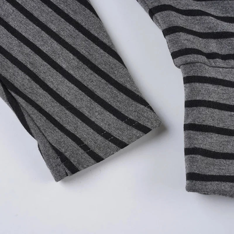 Women Summer 2 Piece Outfits Fall Stylish Long Sleeve Off Shoulder Striped Crop Tops and Elastic Waist Shorts Set Y2k Clothes