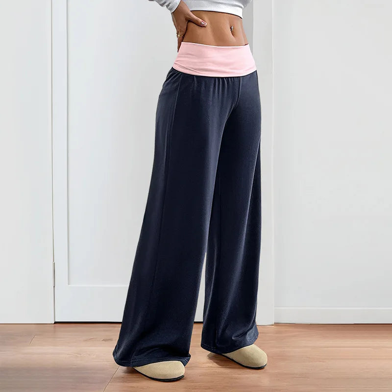 MsChuh Women's Fold Over Waist High Waist Wide Leg Yoga Pants Soft Trousers Slimming Versatile Commuter Fashion Chic Long Pants